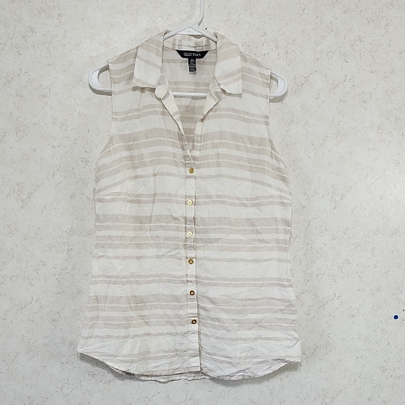 Ellen Tracy Tops - Ellen Tracy Ladies Size Medium Linen Sleeveless Striped Button-Up Top Casual